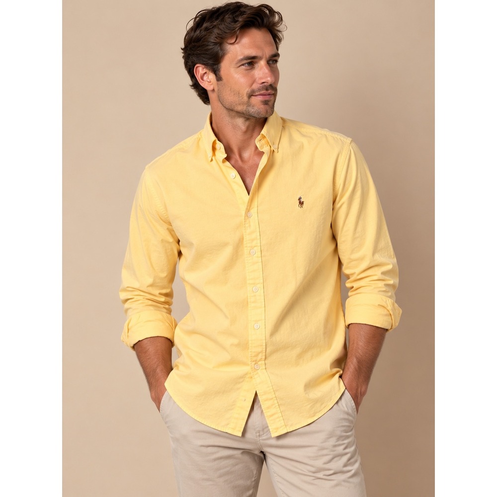Ralph Lauren Men Button Down Shirt Medium Yellow Oxford Long Sleeve Pony Logo